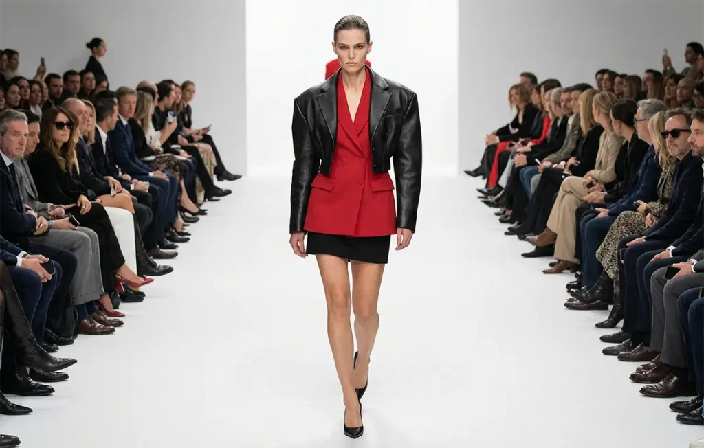 Mannequin sur un podium de défilé illustrant les tendances mode 2026, avec une silhouette combinant une veste courte en cuir sculptural, un blazer rouge statement et une mini-jupe noire.