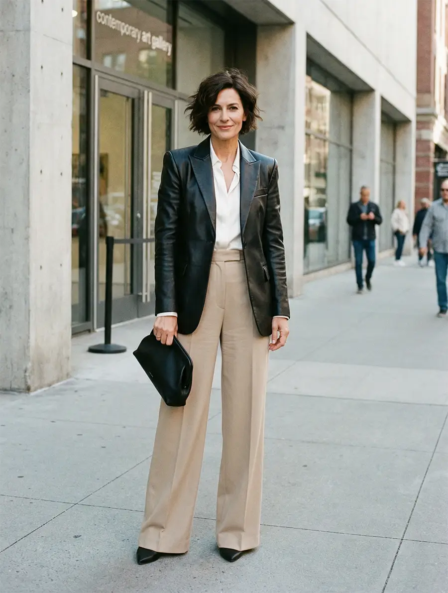 Femme élégante vêtue d'un blazer en cuir noir structuré et d'un pantalon large beige, représentant la tendance du cuir sculptural de 2026.