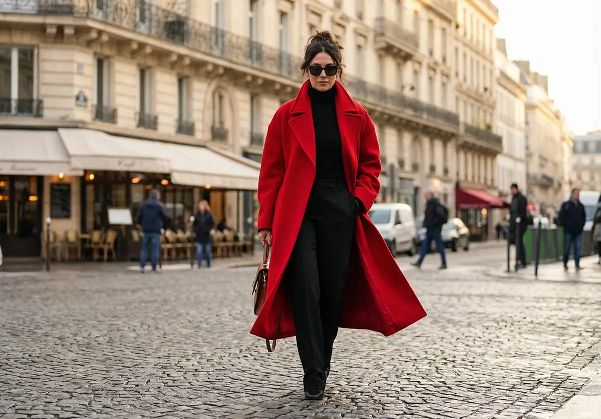 Look street style d'une femme à Paris portant un manteau rouge écarlate sur une tenue noire, illustrant la tendance mode 2026 de la couleur statement.