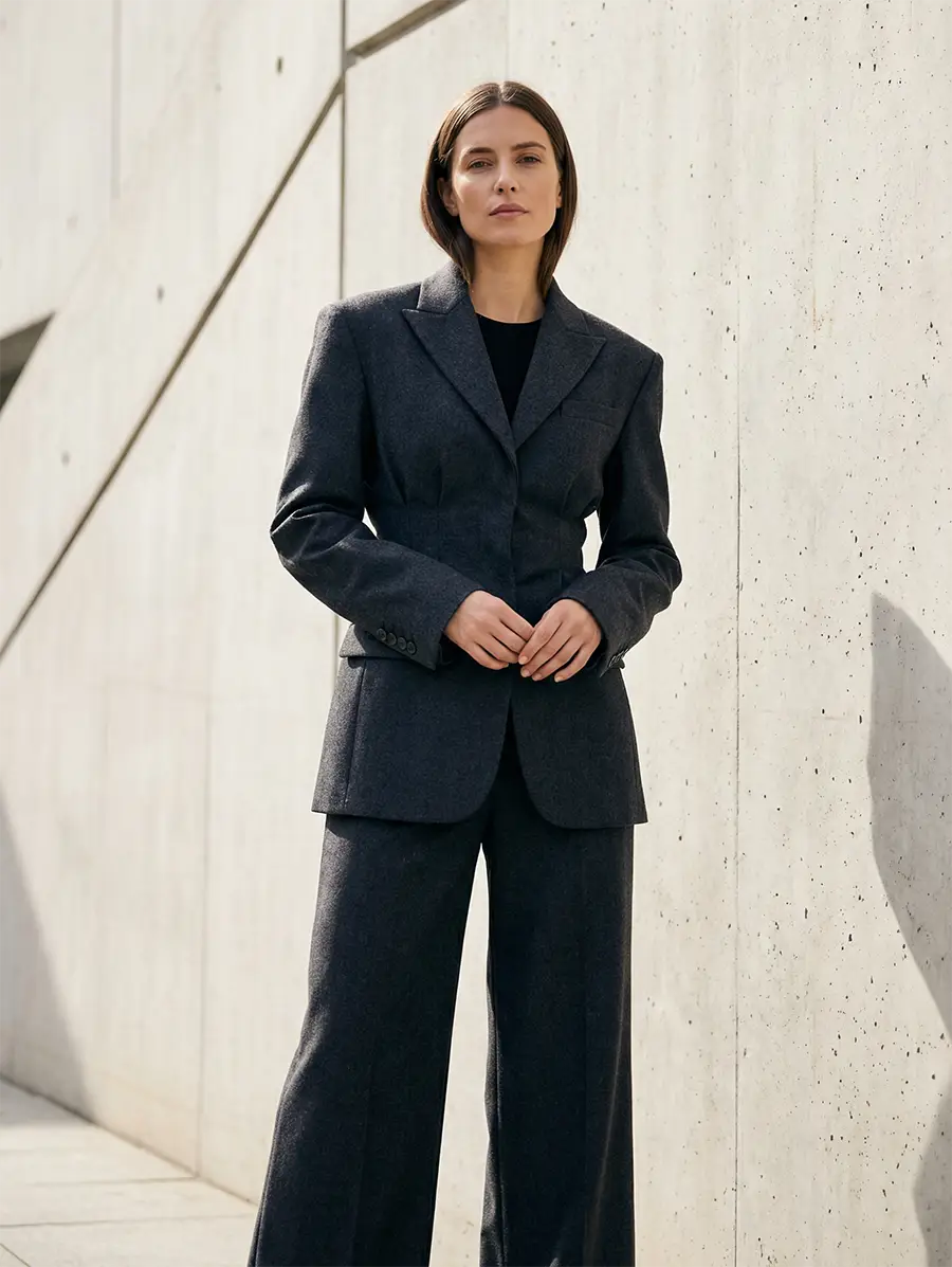 Look minimaliste mettant en valeur un blazer gris anthracite sculpté à la taille marquée, représentant la tendance du tailoring (costume) de 2026.