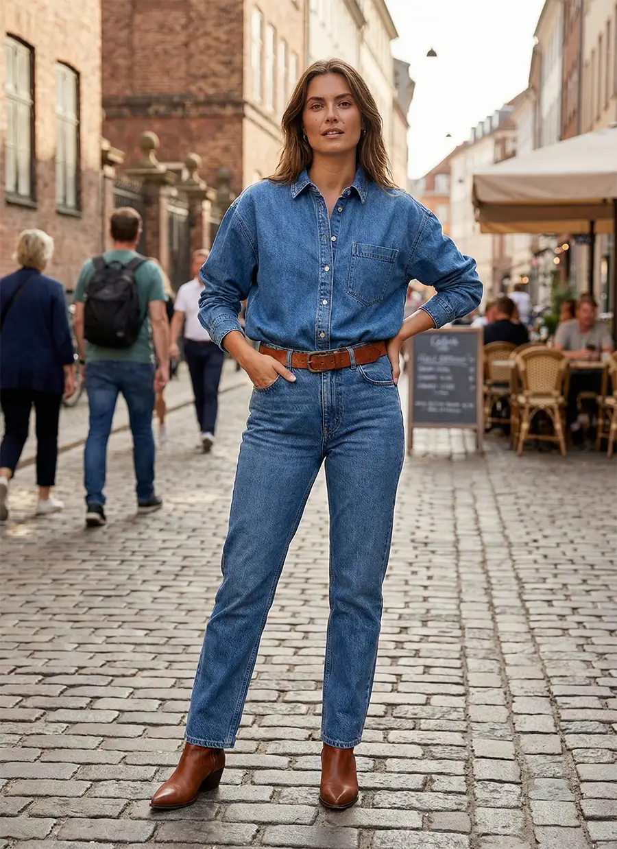 Femme portant un total look denim moderne, composé d'une chemise en jean et d'un jean droit assorti, illustrant la tendance du denim de la tête aux pieds de 2026.