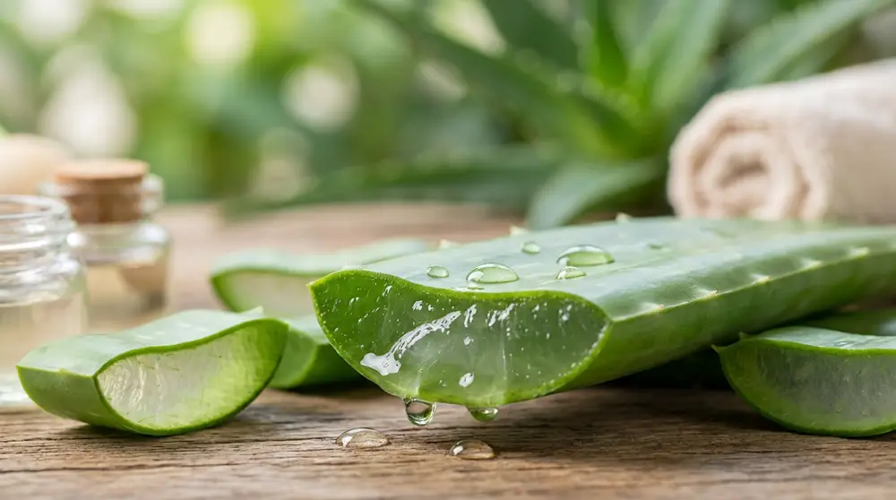 Feuille d'aloe vera coupée et gel avec serviette posée sur une table