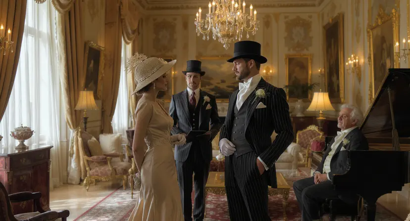 Femme en robe longue beige et chapeau assorti incarnant le style old money dans un salon richement décoré avec lustre en cristal, piano à queue et mobilier doré