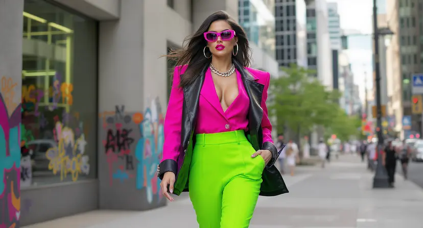 Tenue années 80 chic pour femme : looks rétro élégants et modernes Femme marchant dans la rue habillée dans une tenue colorée années 80 - pantalon vert fluo et haut rose
