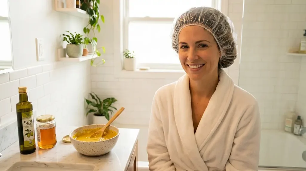 Femme avec cheveux enveloppés dans du cellophane transparent à côté d'un bol contenant un mélange d'œufs, miel et huile d'olive