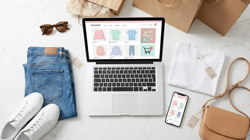 Ordinateur portable affichant un site de vêtements en ligne entouré d'articles de mode tendance et d'un smartphone avec application shopping