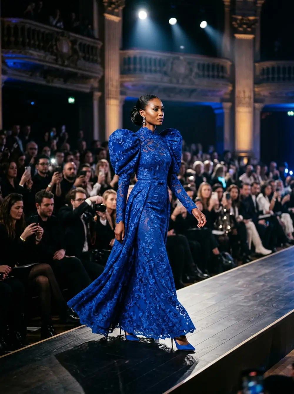 Robe en dentelle bleue sur un podium Fashion Week Mannequin portant une robe en dentelle bleu roi à épaules volumineuses lors d'un défilé de mode