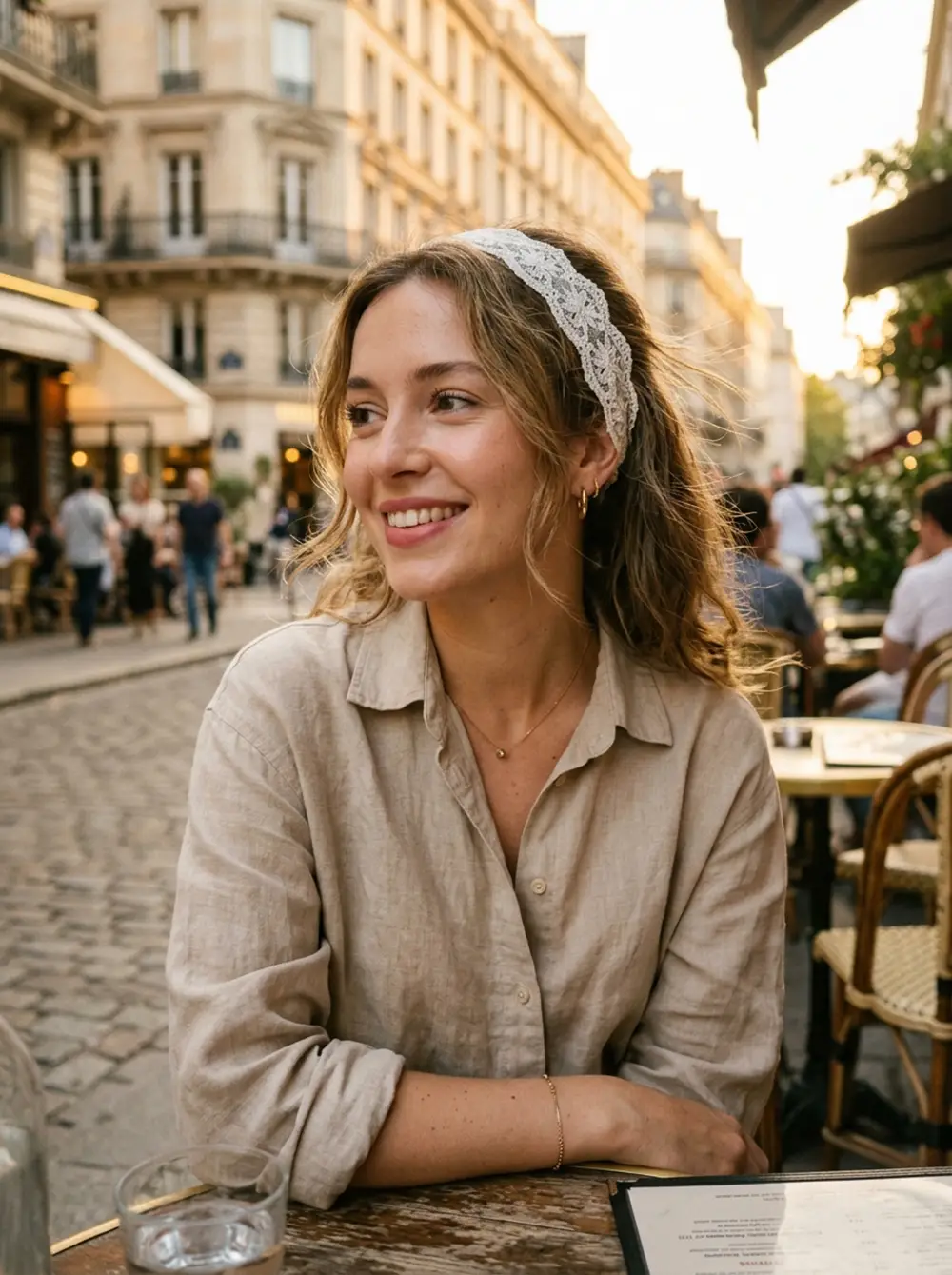 Headband en dentelle blanche – accessoire tendance 2026 Jeune femme portant un headband en dentelle blanche avec une chemise en lin beige, look casual chic