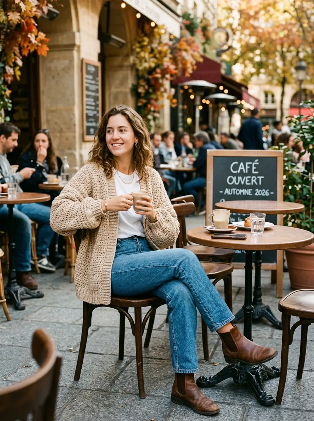 Gilet oversize au crochet beige – mode crochet 2026 Femme portant un grand gilet beige en crochet oversize sur un jean droit et un t-shirt blanc