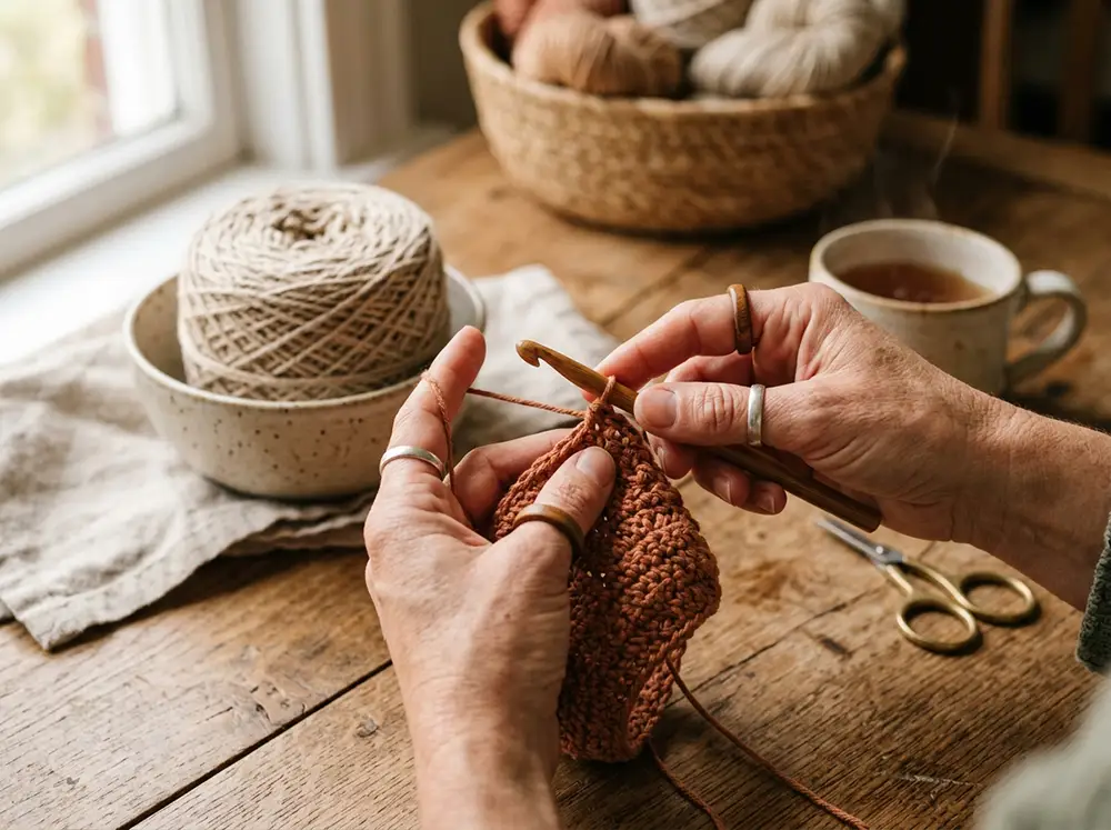 Crochet fait main avec fil en coton naturel – slow fashion Mains en train de crocheter avec un fil en coton écru sur une table en bois, lumière naturelle douce