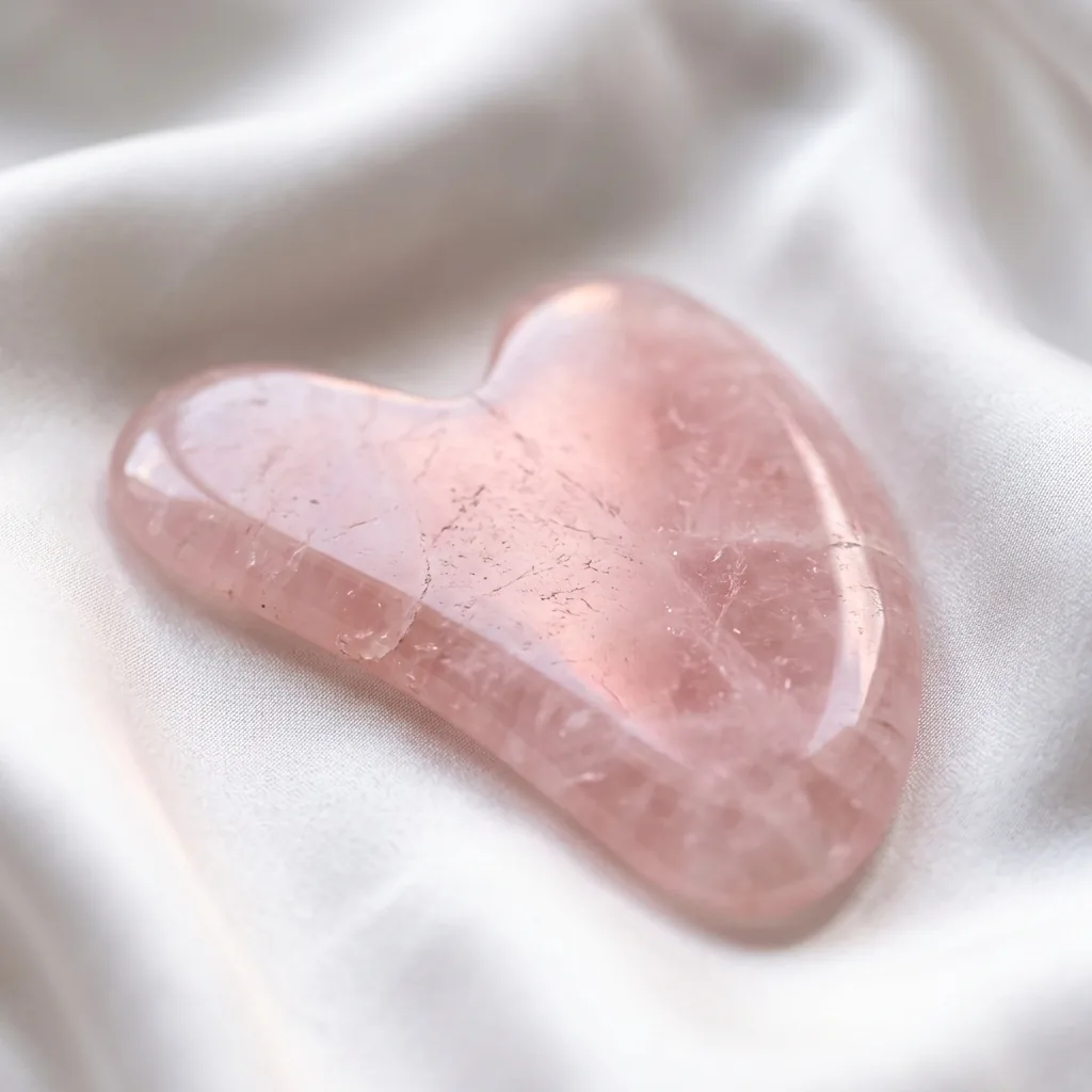 Choisir sa pierre gua sha – quartz rose Macro pierre gua sha en quartz rose sur tissu blanc, soin anti-âge naturel