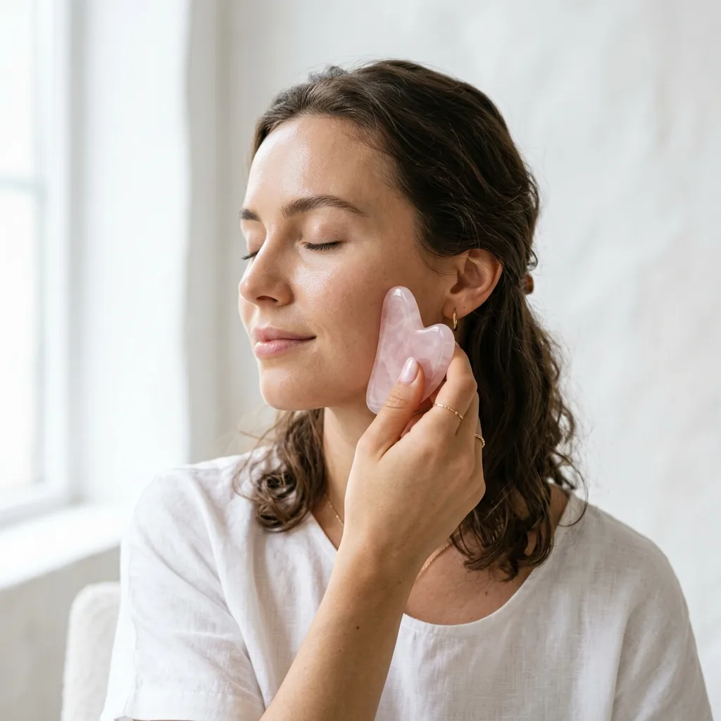 Femme tenant une pierre gua sha en quartz rose contre sa pommette pour un massage facial