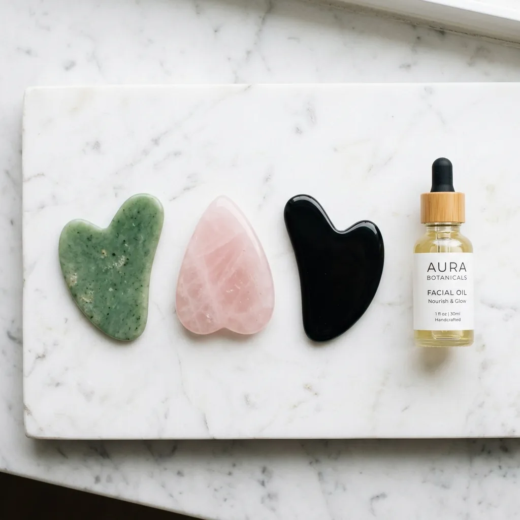 Pierres gua sha – jade, quartz rose et obsidienne Pierres gua sha en jade, quartz rose et obsidienne avec huile visage sur marbre blanc