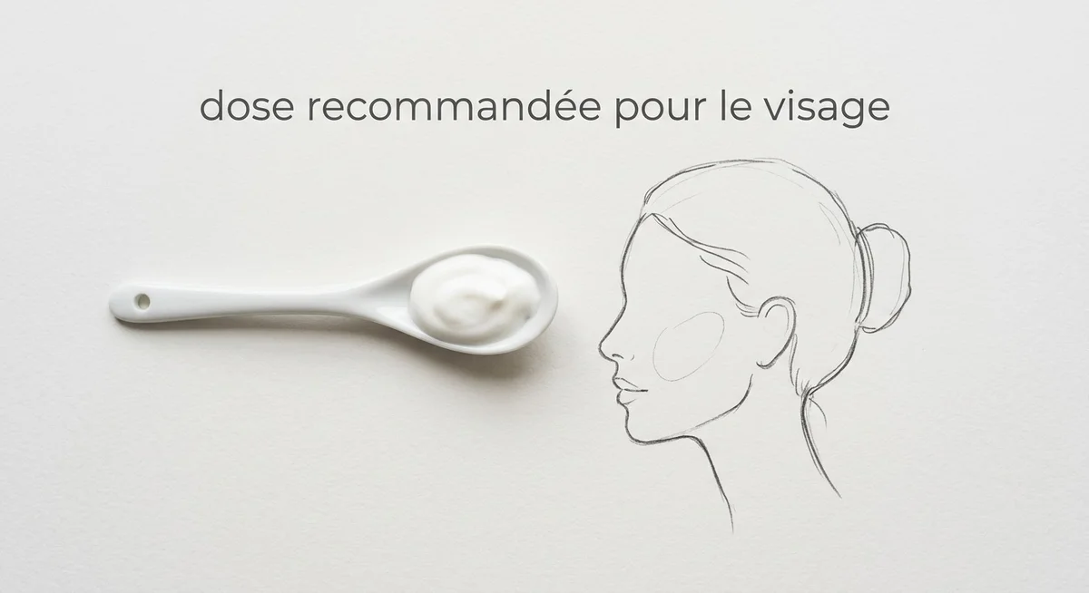 Quantité et technique d'application du SPF 50 pour une protection optimale Démonstration de la quantité correcte de SPF 50 à appliquer sur le visage, soit environ une cuillère à café rase