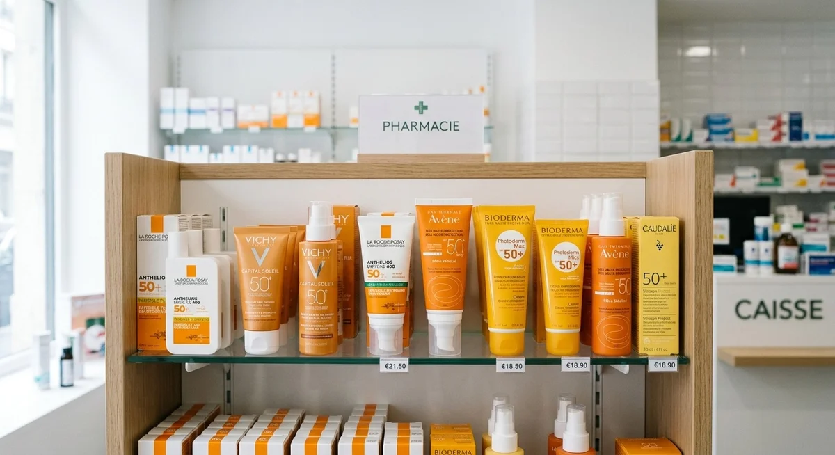 Choisir son SPF 50 : filtres minéraux ou organiques en pharmacie Rangée de crèmes solaires SPF 50 en pharmacie française, avec filtres minéraux et organiques, à choisir selon le type de peau