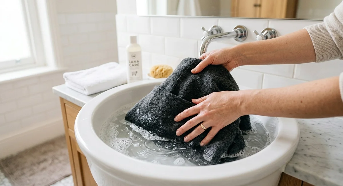 Laver un manteau en laine à la main dans une bassine d'eau tiède Mains plongeant un manteau en laine dans une bassine d'eau tiède avec lessive spéciale laine