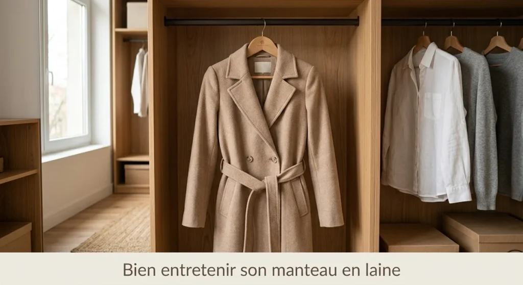 Manteau en laine beige suspendu sur un cintre en bois dans un dressing épuré