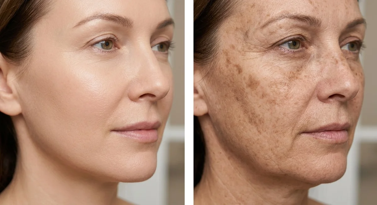 Photovieillissement cutané et rôle préventif du SPF 50 quotidien Illustration comparant une peau protégée par SPF 50 quotidien et une peau exposée aux UV sans protection sur le long terme