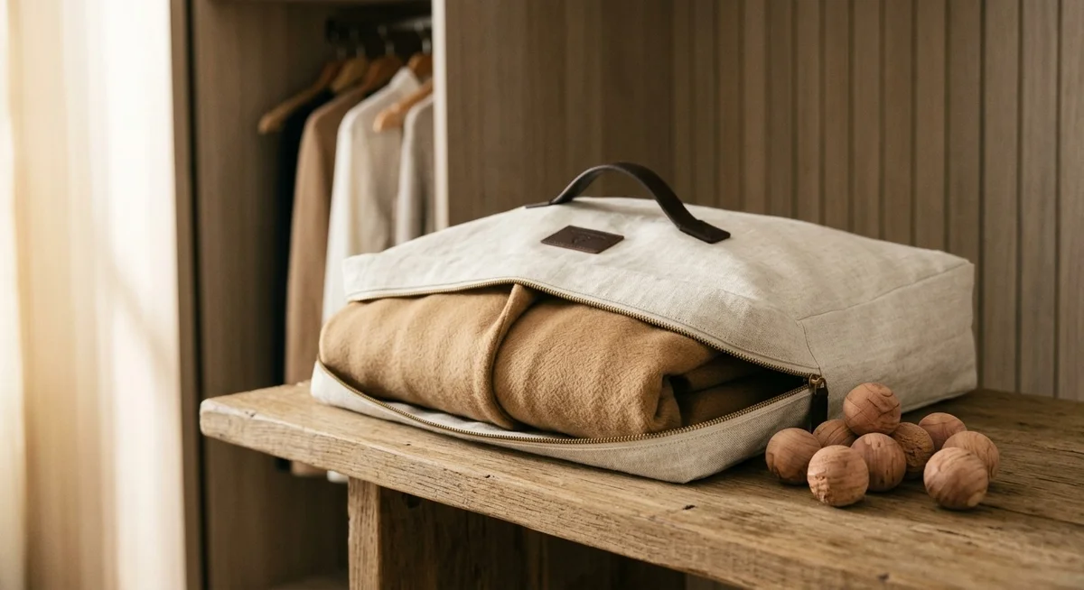 Rangement manteau en laine dans une housse respirante avec sachets de cèdre Manteau en laine rangé dans une housse en tissu respirant avec boules de cèdre anti-mites