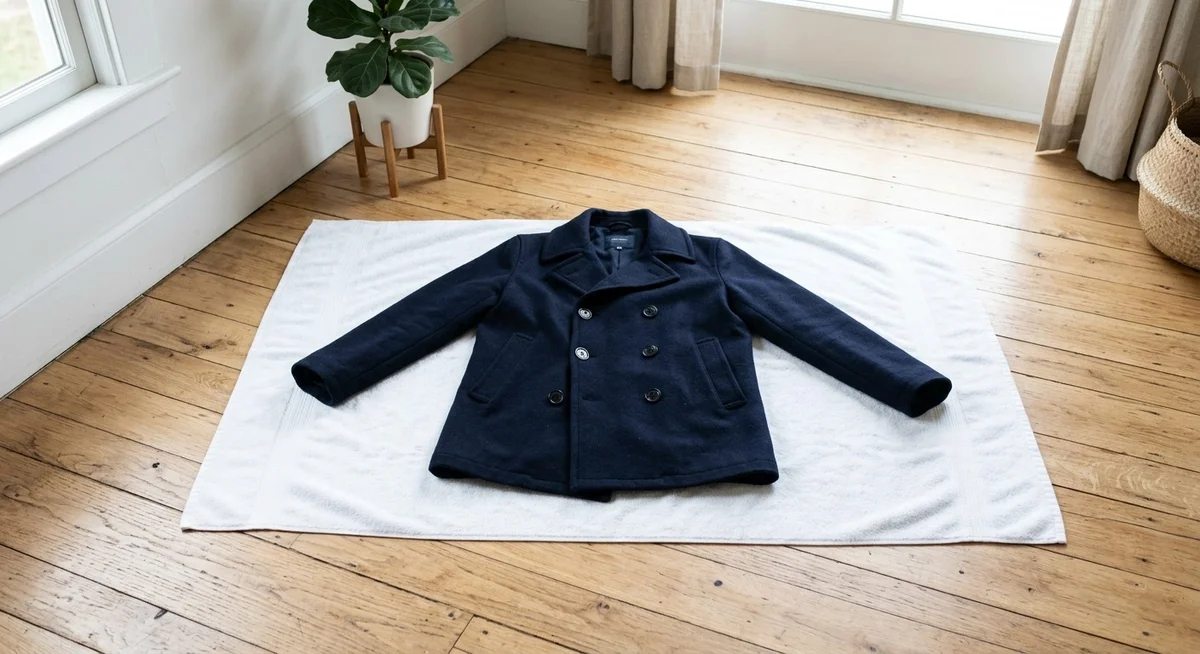 Séchage à plat d'un manteau en laine sur une serviette propre Manteau en laine étalé à plat sur une grande serviette blanche pour sécher naturellement