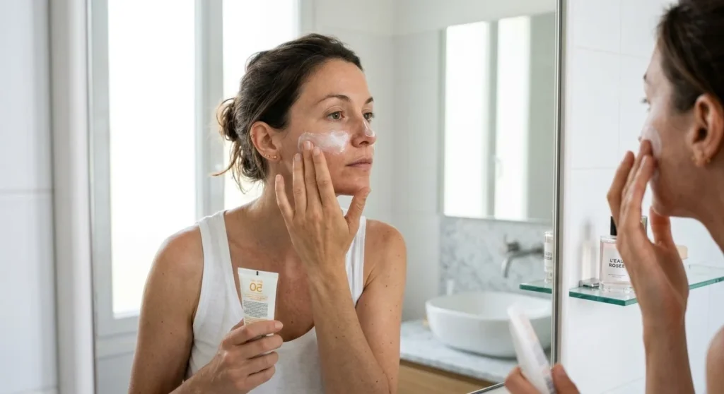 Femme appliquant un SPF 50 sur son visage devant un miroir le matin, routine beauté quotidienne