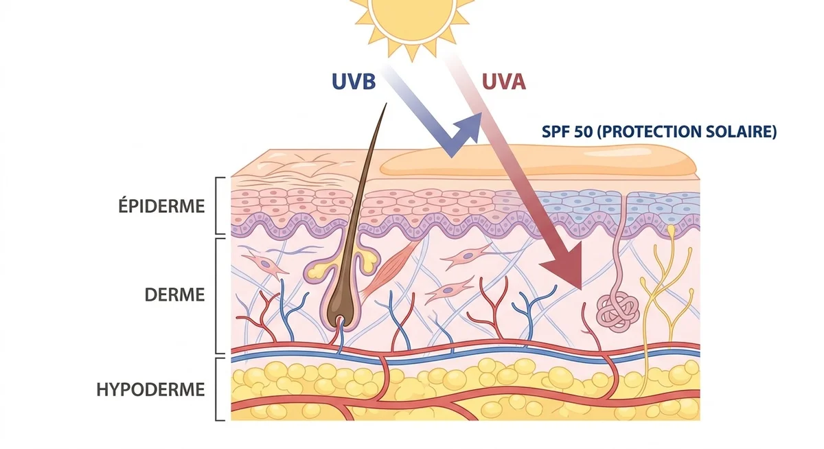 Schéma pénétration UVA UVB dans la peau — protection SPF 50 Schéma illustrant la pénétration des rayons UVA et UVB dans les couches cutanées et le rôle du SPF 50