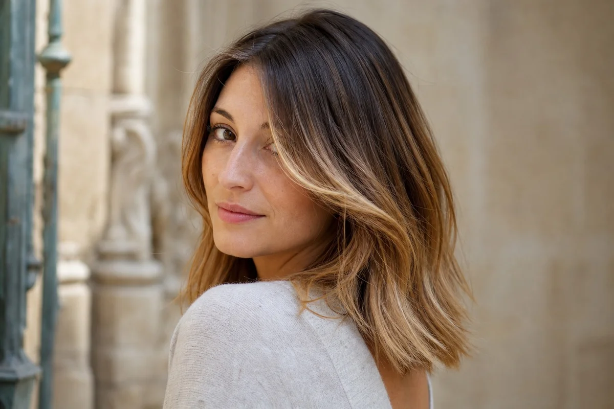 Balayage californien : effet soleil naturel sur cheveux Balayage californien sur cheveux châtain avec reflets dorés et fondu naturel sans démarcation