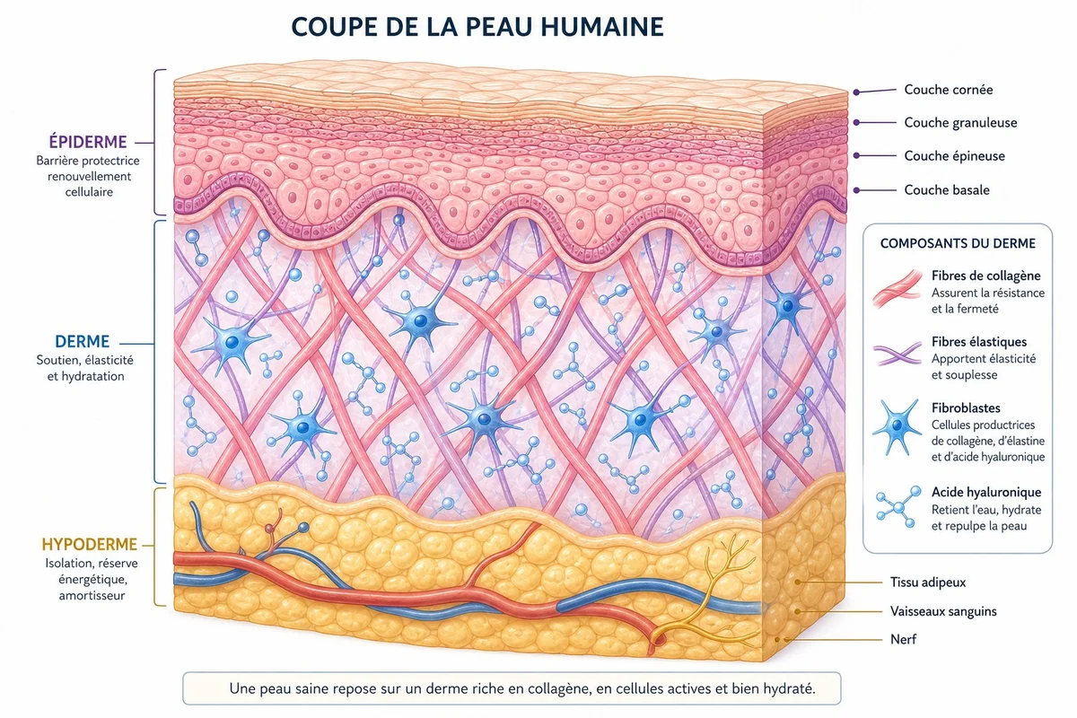Structure du derme et fibres de collagène Illustration scientifique de la structure du derme montrant les fibres de collagène et la barrière épidermique