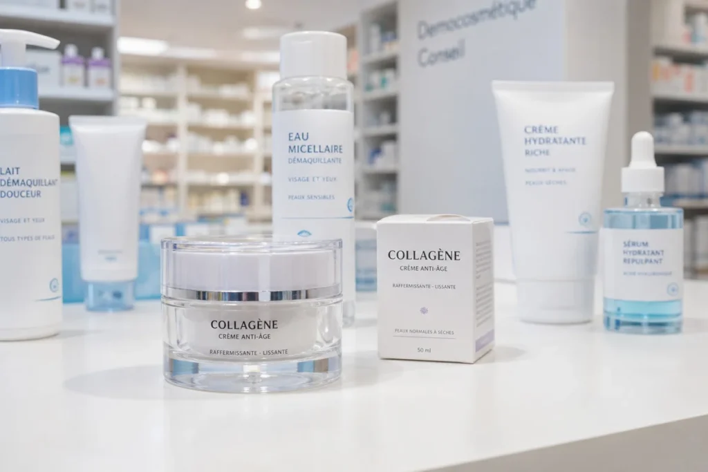 Flacon de crème anti-âge au collagène posé sur un comptoir de pharmacie française avec des produits dermocosmétiques