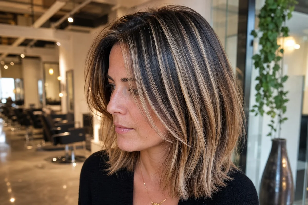 Highlights cheveux : mèches structurées et contraste assumé Highlights mèches structurées sur cheveux bruns avec contraste fort de la racine aux pointes