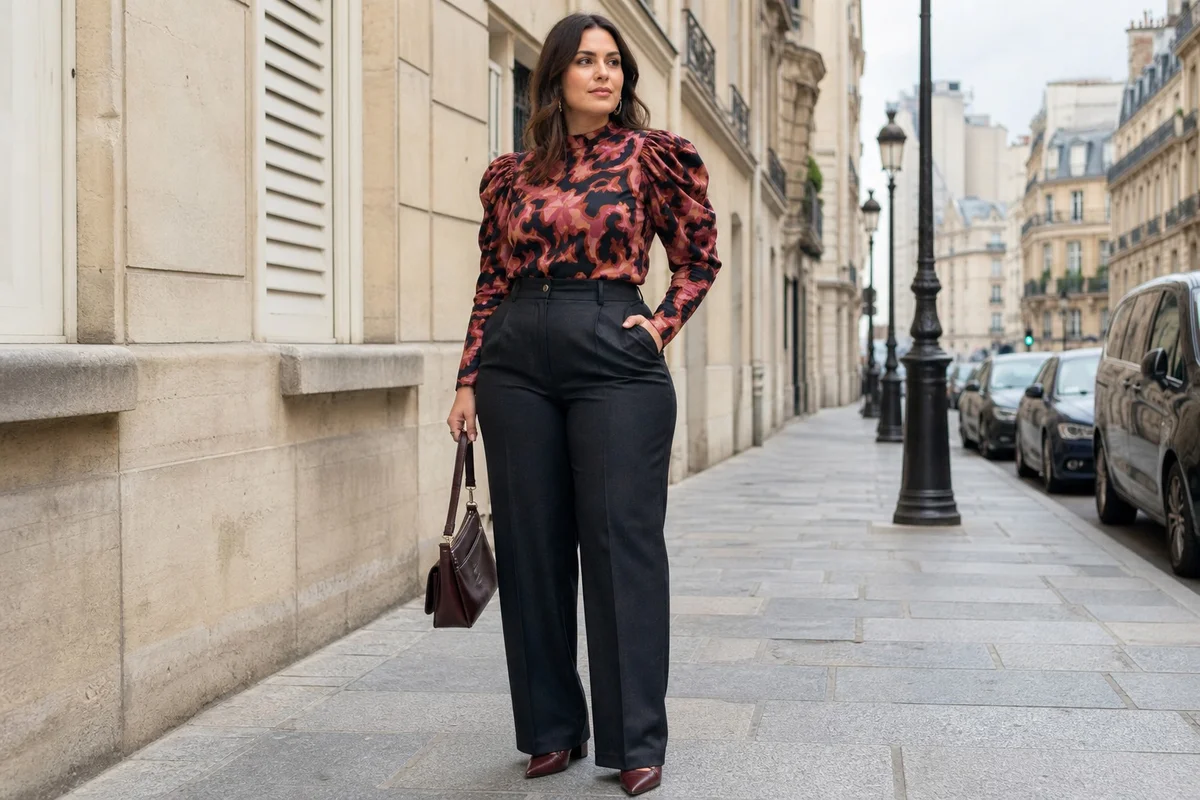 Morphologie en A ou triangle : comment s'habiller pour équilibrer la silhouette Femme avec morphologie en A portant un haut à manches bouffantes et un pantalon sombre taille haute