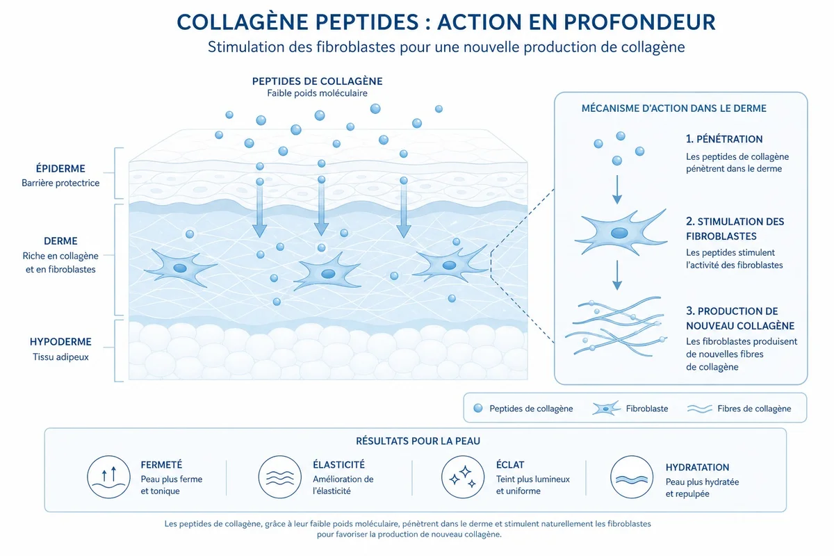 Action des peptides de collagène sur les fibroblastes Schéma illustrant l'action des peptides de collagène sur les fibroblastes du derme pour stimuler la synthèse de collagène naturel