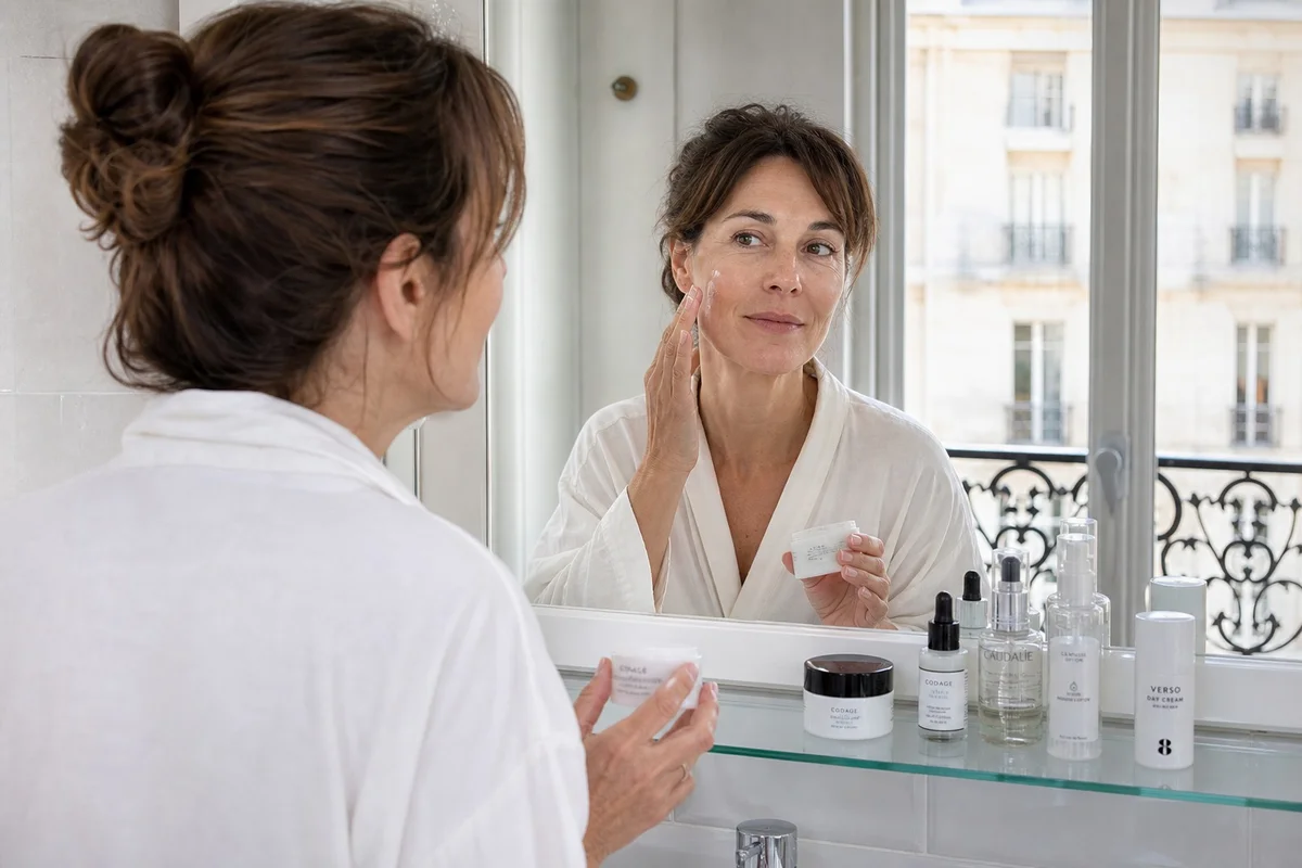 Routine anti-âge au collagène matin et soir Femme appliquant une crème anti-âge au collagène sur son visage devant un miroir de salle de bain, routine beauté matinale française