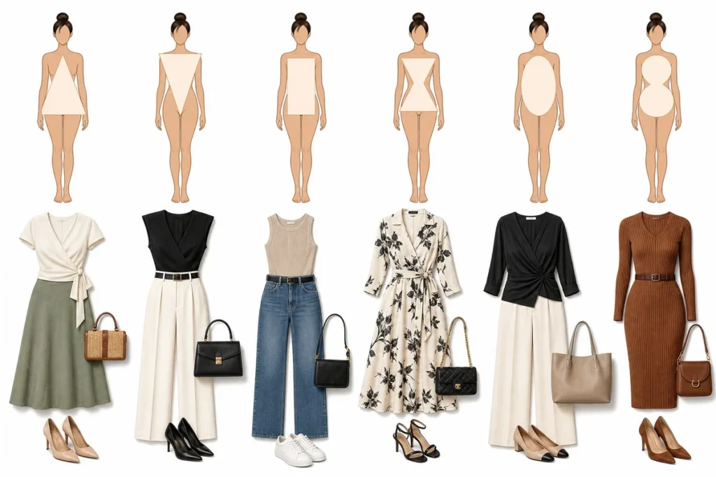 Six silhouettes féminines représentant les morphologies A V H X O et 8 avec des tenues adaptées