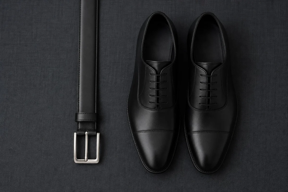 Accord ceinture et chaussures homme — la règle principale Flat lay montrant une ceinture noire en cuir lisse posée à côté d'une paire de richelieus noirs