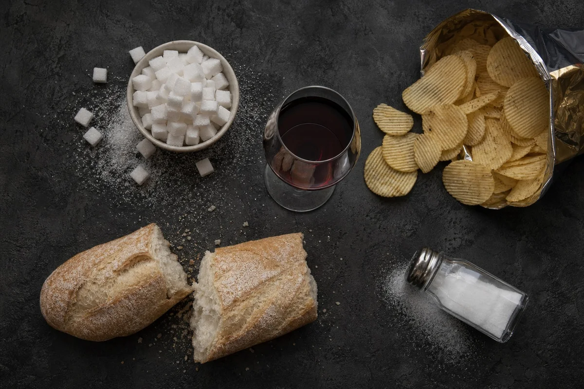 Aliments à éviter pour la santé de la peau Sucre raffiné, alcool, produits ultra-transformés et sel en excès — aliments qui aggravent l'inflammation cutanée