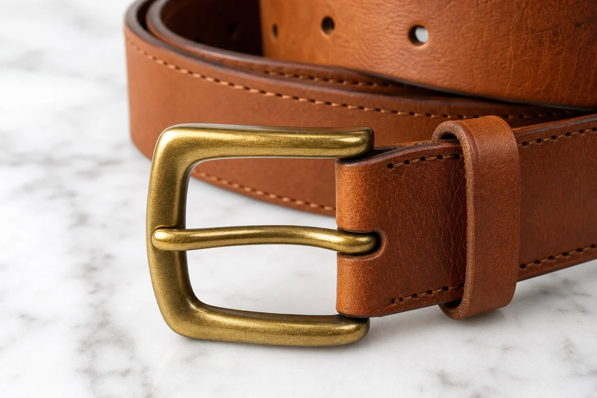 Ceinture en cuir pleine fleur pour homme — qualité et durabilité Gros plan sur une ceinture en cuir pleine fleur marron avec finitions soignées et boucle en laiton