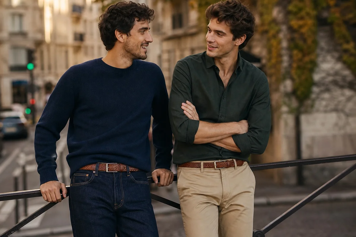 Ceinture tressée homme avec jean et chino — style casual Homme en jean brut et chino beige portant une ceinture tressée en cuir cognac avec boucle argentée