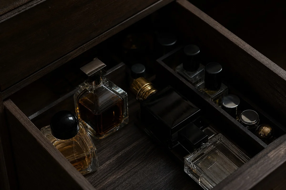 Bien conserver son flacon de parfum Flacons de parfum rangés dans un tiroir sombre à l'abri de la lumière et de la chaleur
