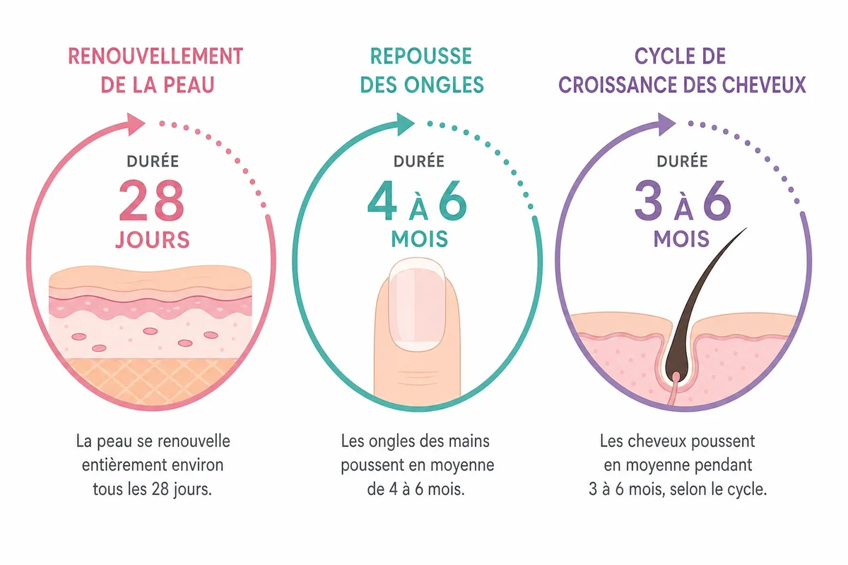Cycle de renouvellement de la peau, des ongles et des cheveux Schéma illustrant le cycle de renouvellement cellulaire de la peau en 28 jours, des ongles en 4 à 6 mois et des cheveux en plusieurs mois