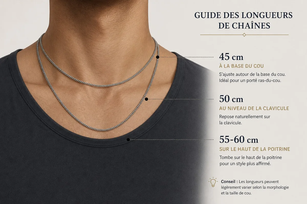 Longueur de collier homme : 45 cm, 50 cm, 55 cm comparés Comparaison des longueurs de collier homme, de 45 à 60 cm, positionnement sur le torse