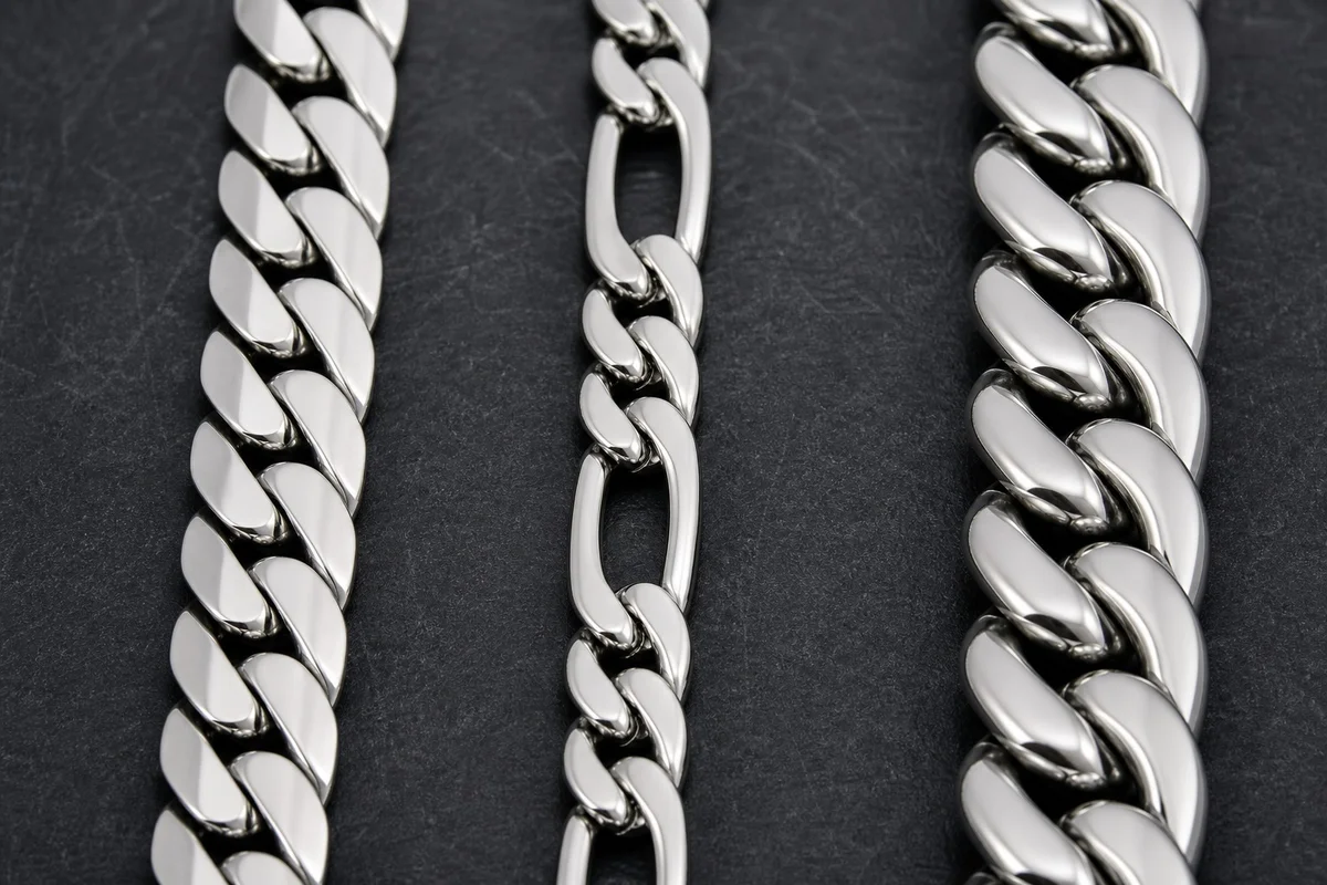 Différents types de mailles chaîne homme : gourmette, Figaro, cubaine Comparatif visuel maille gourmette, maille figaro et maille cubaine pour collier homme