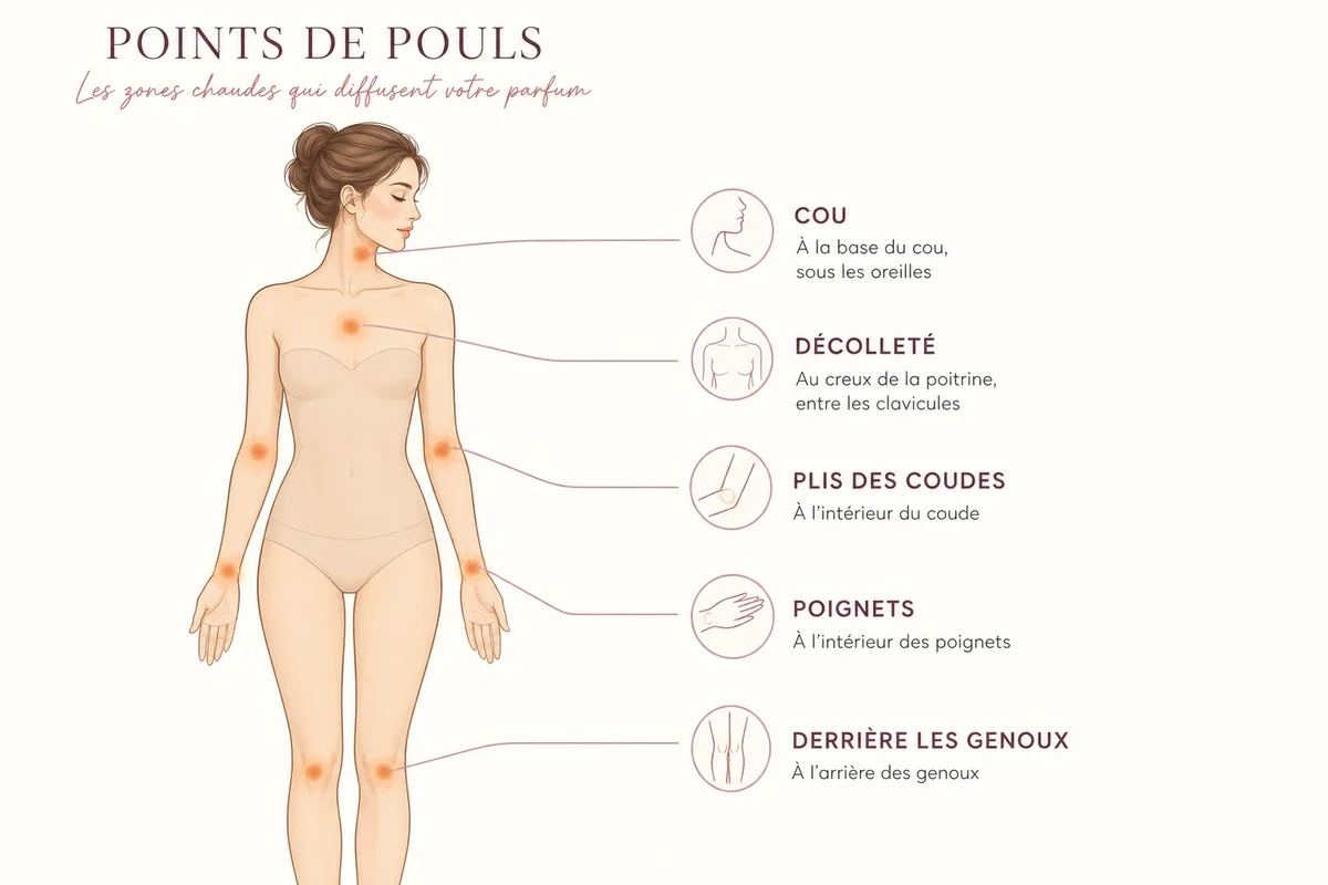 Points de pulsation pour appliquer son parfum Illustration des zones de pulsation du corps pour une application optimale du parfum
