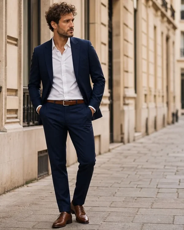 Homme élégant portant une ceinture en cuir marron avec chaussures derby et costume bleu marine