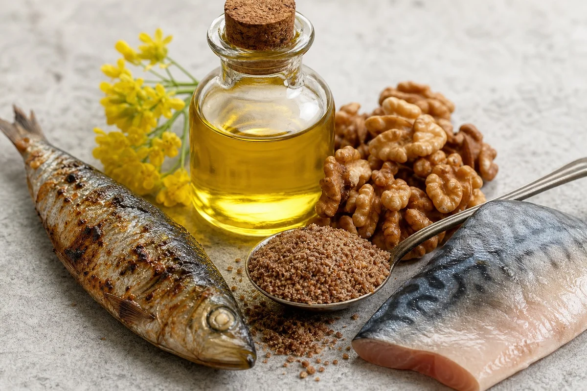 Sources alimentaires d'oméga-3 pour la peau Saumon, sardines, noix, graines de lin et huile de colza — sources d'oméga-3 pour une peau hydratée et des cheveux sains