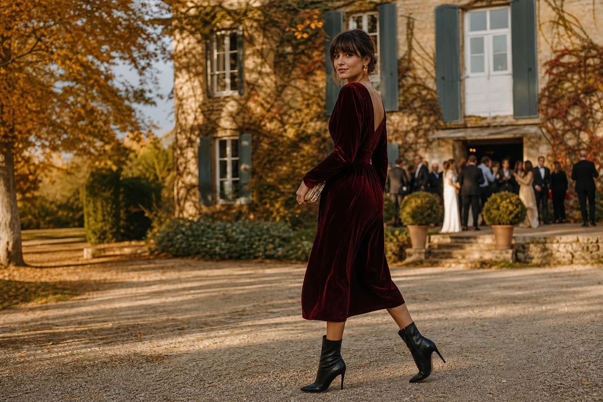 Tenue mariage invitée en automne : velours, bordeaux et tons chauds Femme en robe midi bordeaux velours et bottines à talons pour un mariage d'automne dans un domaine français