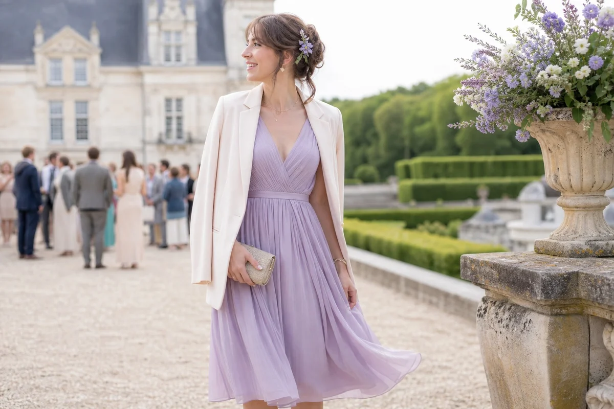 Tenue mariage invitée au printemps : couleurs pastel et matières fluides Femme en robe fluide lavande avec blazer léger pour un mariage de printemps en France