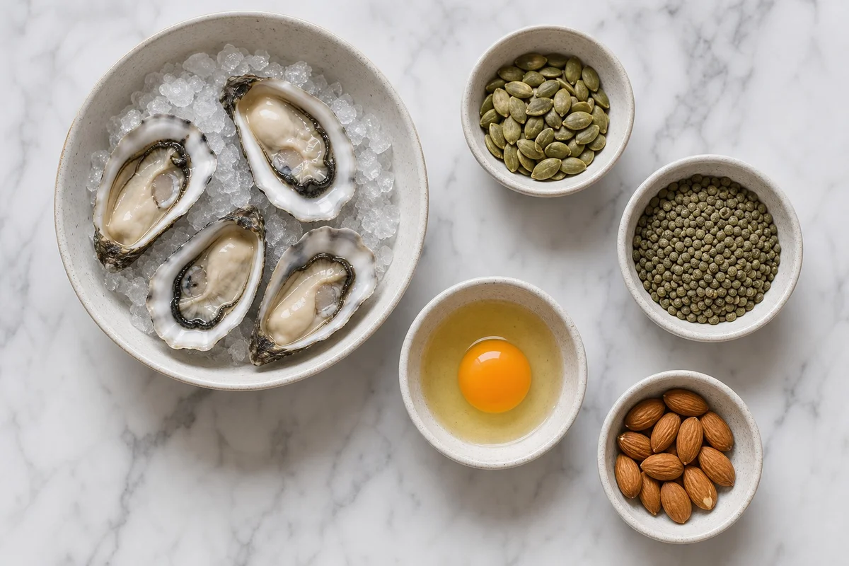 Aliments riches en zinc et en biotine pour les ongles et les cheveux Huîtres, graines de courge, lentilles, œufs et amandes pour les ongles solides et les cheveux en bonne santé
