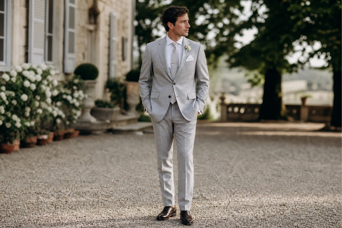 Accessoires de costume coordonnés pour un mariage en France Homme en costume gris avec pochette, boutons de manchette et pince à cravate pour un mariage
