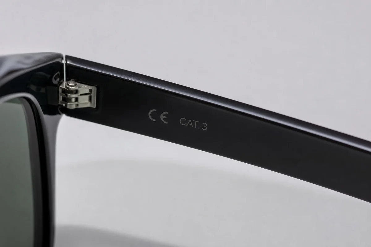 Catégories de protection UV des lunettes de soleil homme Gros plan sur l'intérieur d'une branche de lunettes de soleil affichant le marquage CE et la catégorie de protection